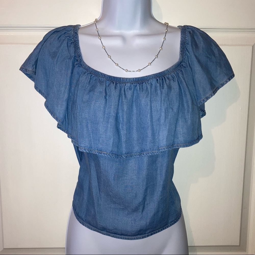 Haute Monde Ruffle Top, Size Medium, Blue. - Picture 6 of 12